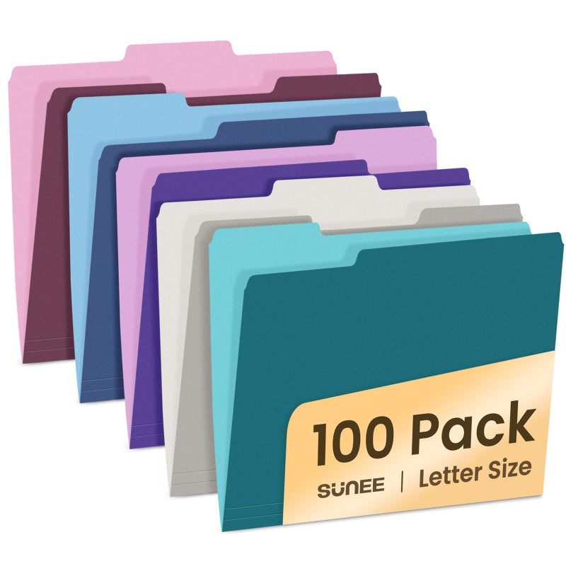 SUNEE File Folders Letter Size Vintage Colors, 100 Pack Manilla Folders 8.5 x 11 1/3-Cut Tabs, Colored File Folders Office Home School for Documents Files Paper - Image 1